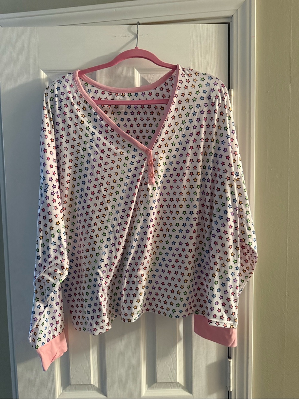 Women's White Long-Sleeve pj shirt set with Pink Trim and Multicolor Star Print